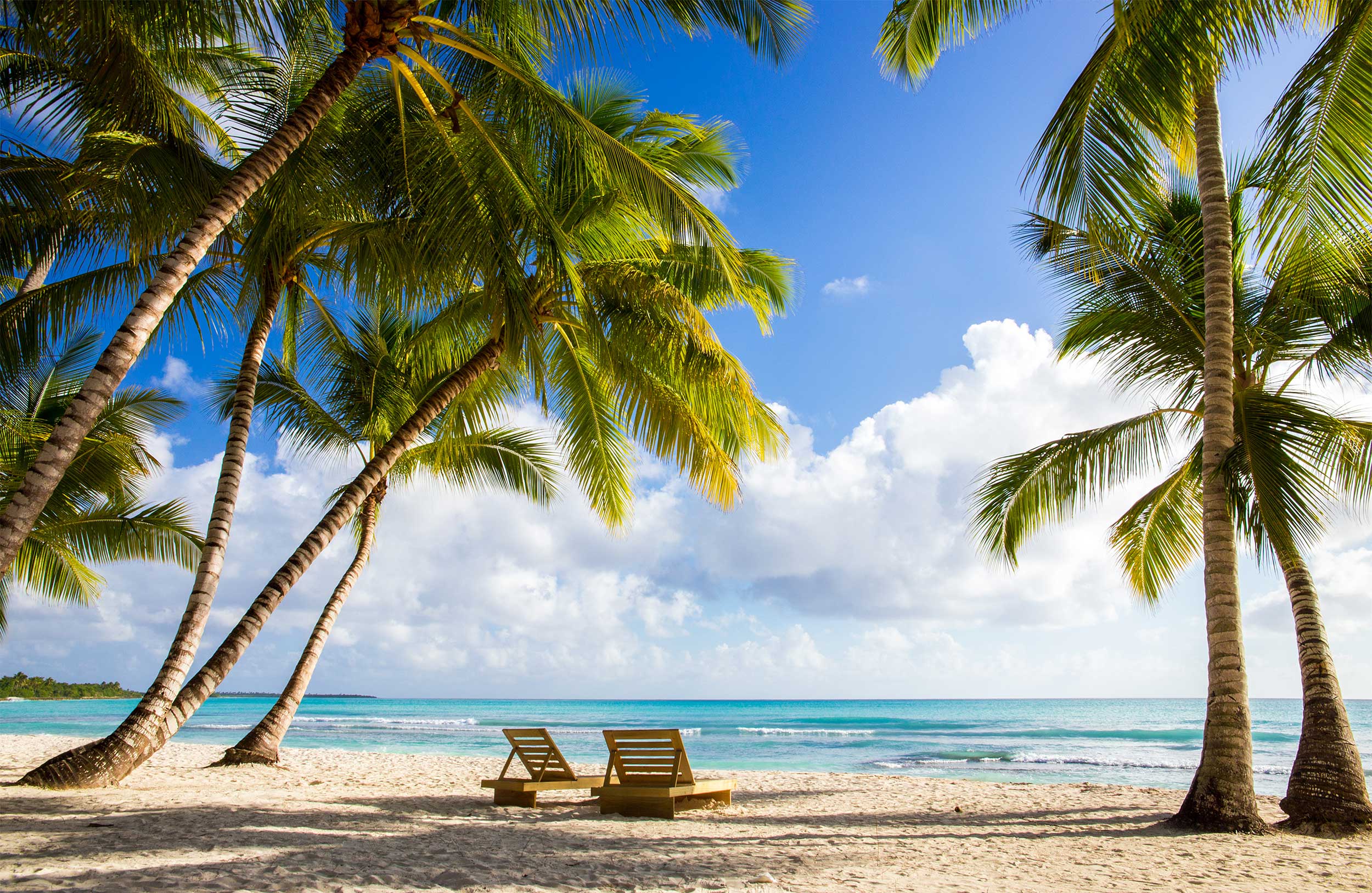 Two beach chairs shaded by palm trees at Half Moon Cay beach.