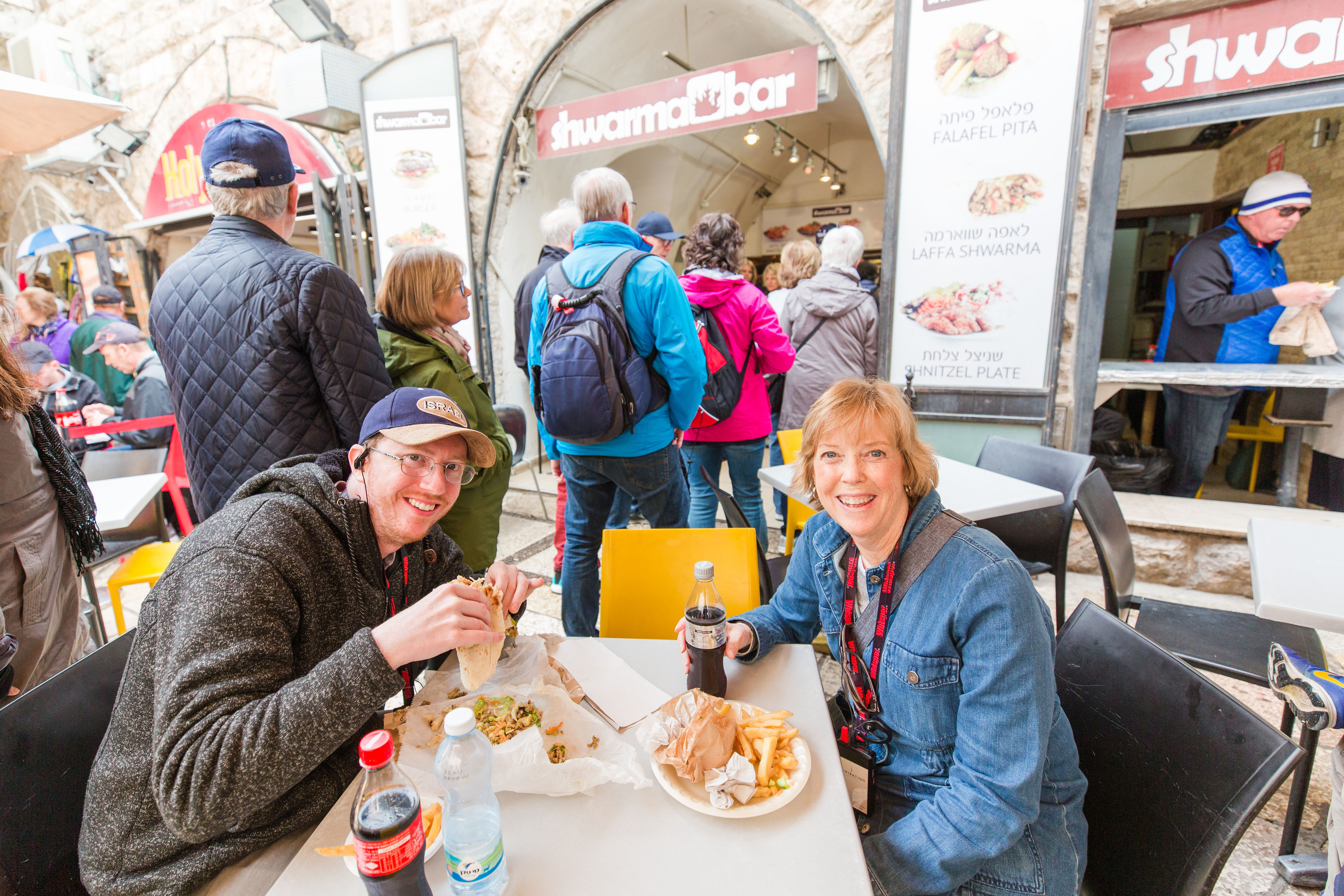 Two travelers eat lunch in the Jewish Quarter of Jerusalem