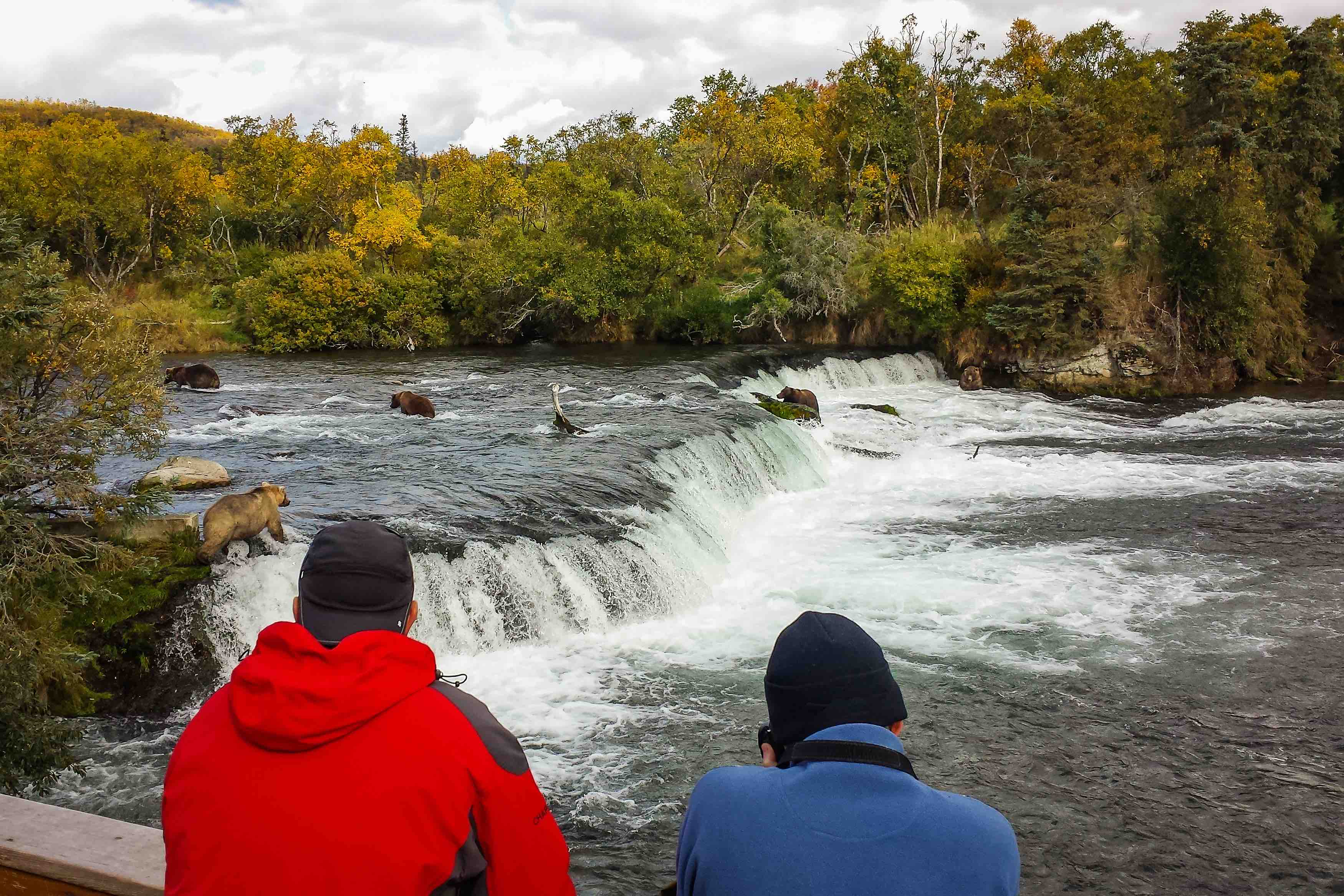 Two men, one in a red jacket and one in a blue jacket, watch 5 bears in a river in Alaska