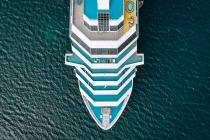 Overhead view of the front half of a cruise ship