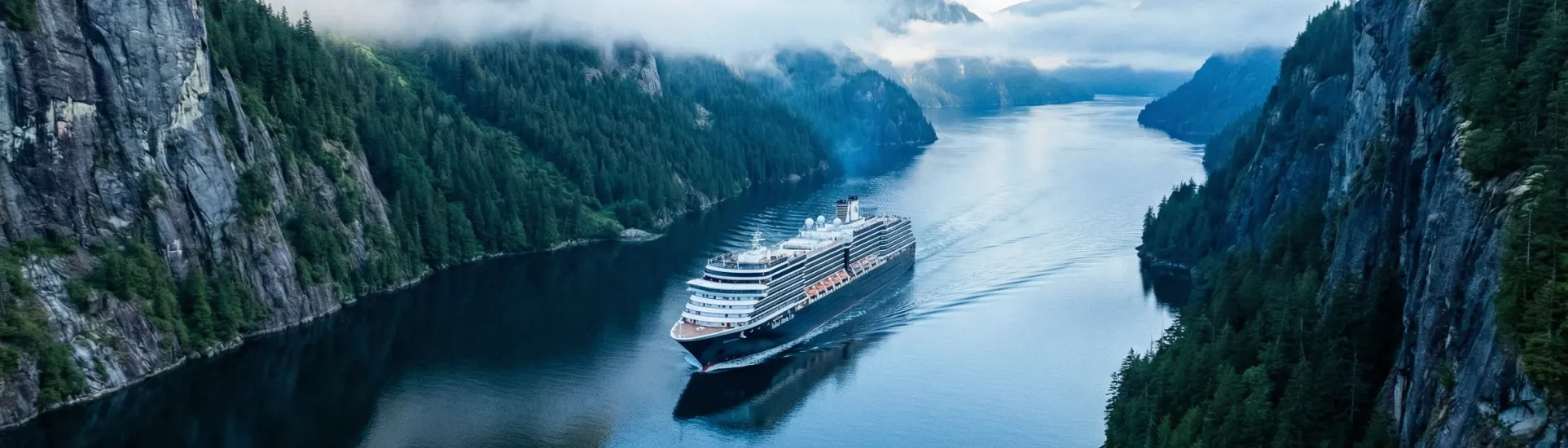 A large cruise ship sailing through a narrow fjord, surrounded by steep, forested cliffs and misty mountains under a cloudy sky.