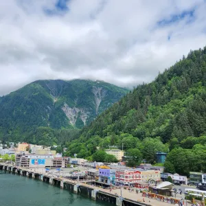 Aerial view of a town along the ocean